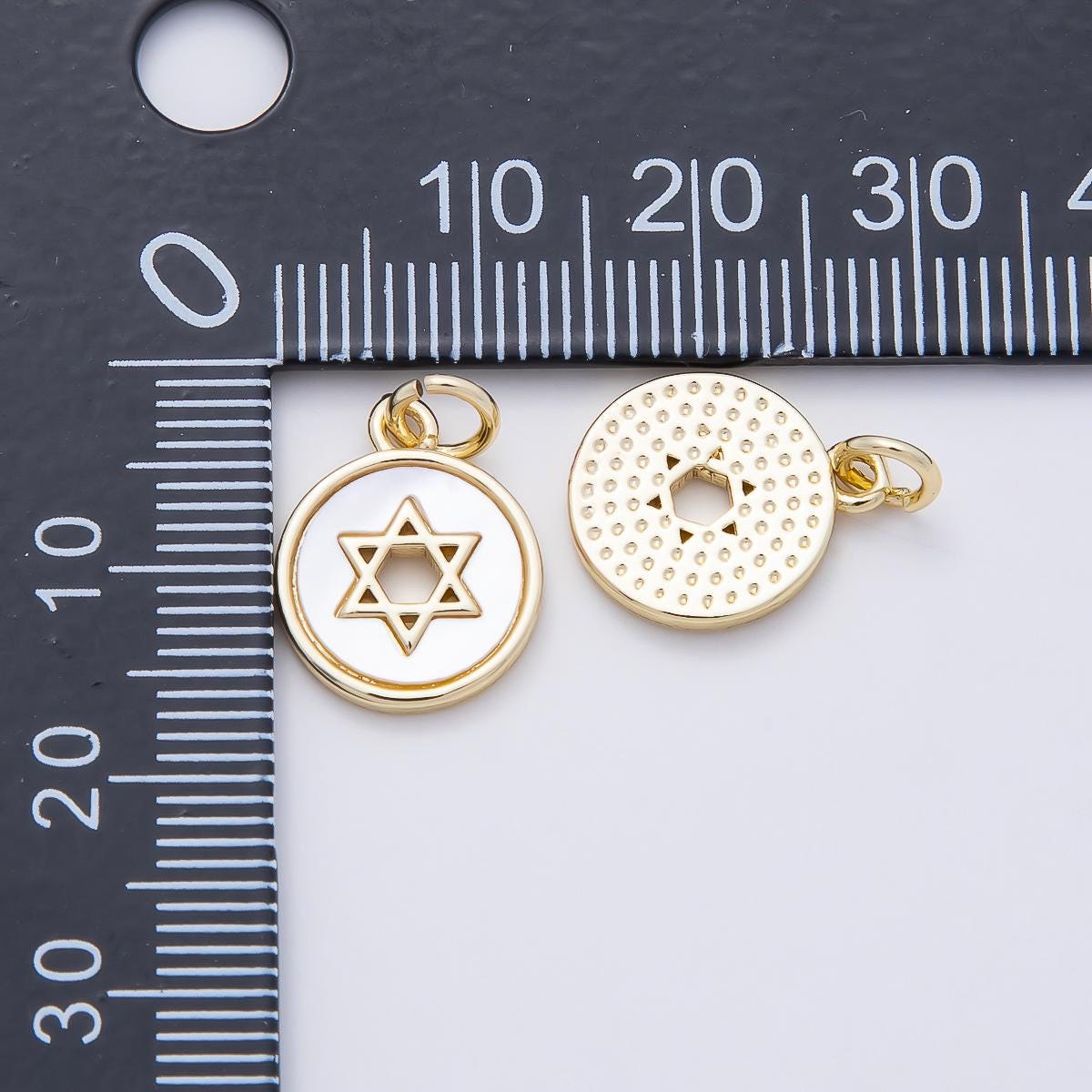 16K Gold Filled Star of David Shell Pearl Open Round Charm White Enamel Coin Pendant Dainty DIY Jewish Jewelry Making Supply | CHARMS-01105