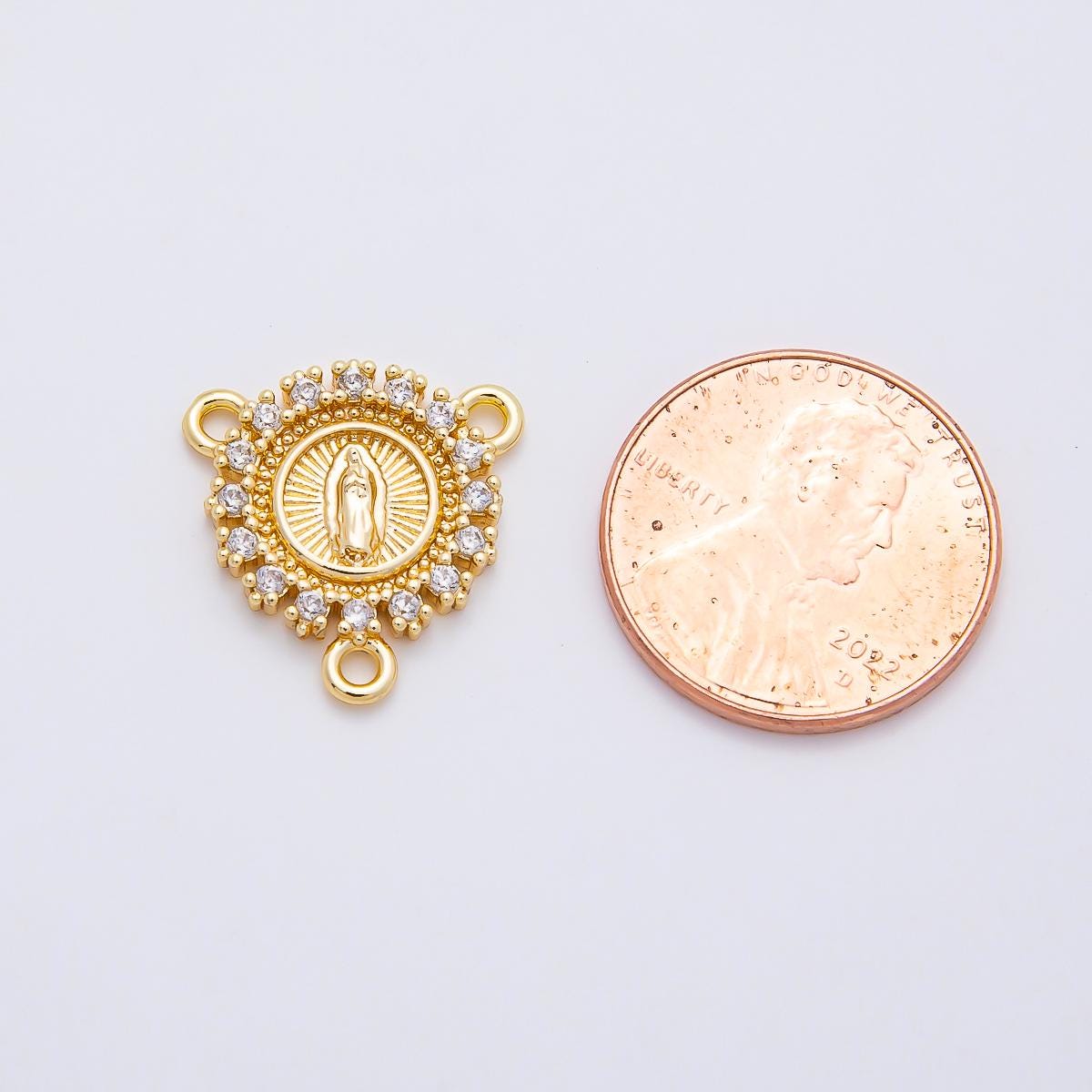 16K Gold Filled Mother Mary Micro Paved CZ Round Triple Connector in Gold & Silver Medal Rosary DIY Jewelry Making Supply | CONNECTORS-00026