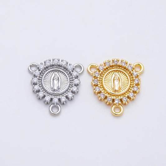 16K Gold Filled Mother Mary Micro Paved CZ Round Triple Connector in Gold & Silver Medal Rosary DIY Jewelry Making Supply | CONNECTORS-00026