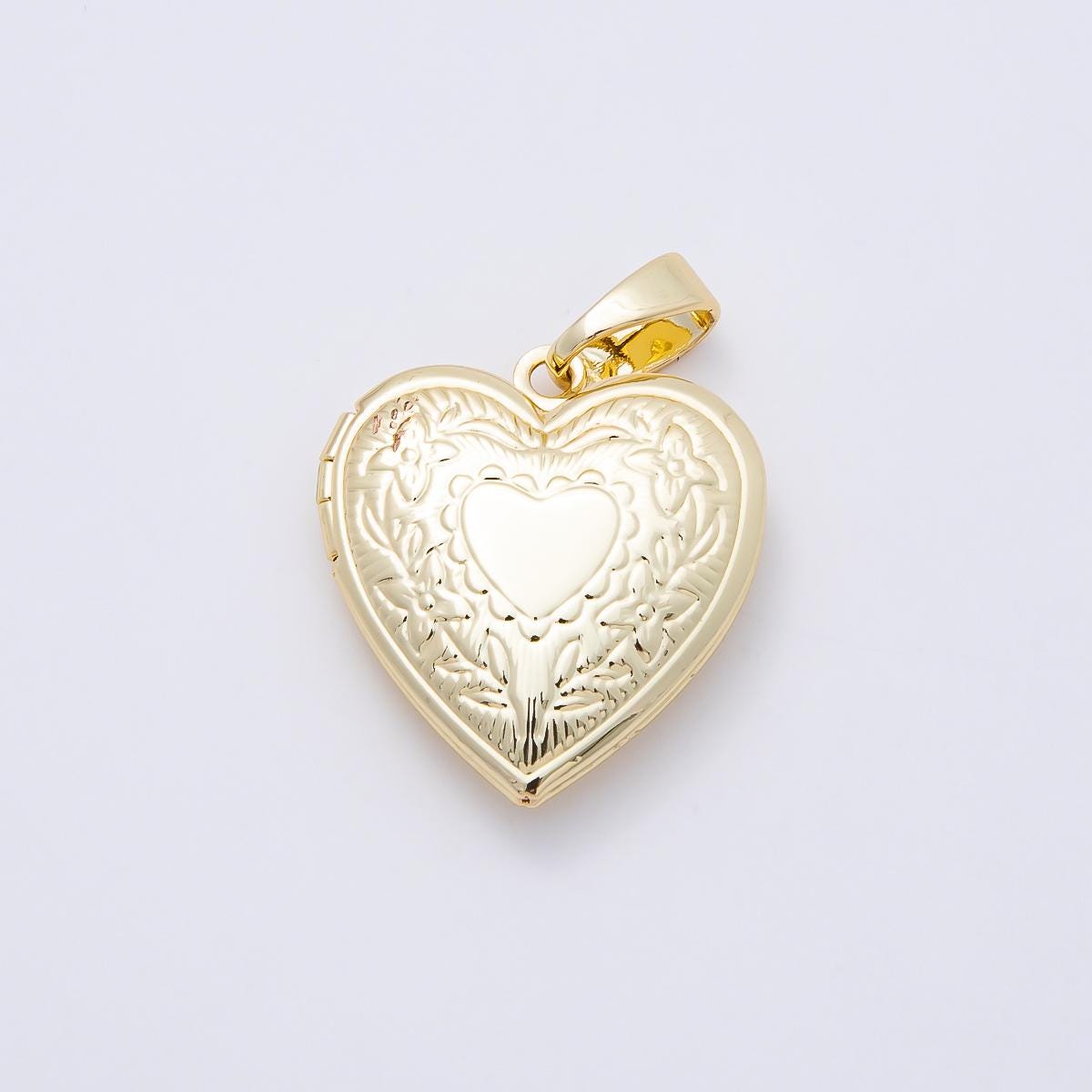 16k Gold Filled 25mm Heart Locket Engraved Vintage Photo Pendant Floral Memory Keepsake Charm Supply Necklace Jewelry Making | CHARMS-01097