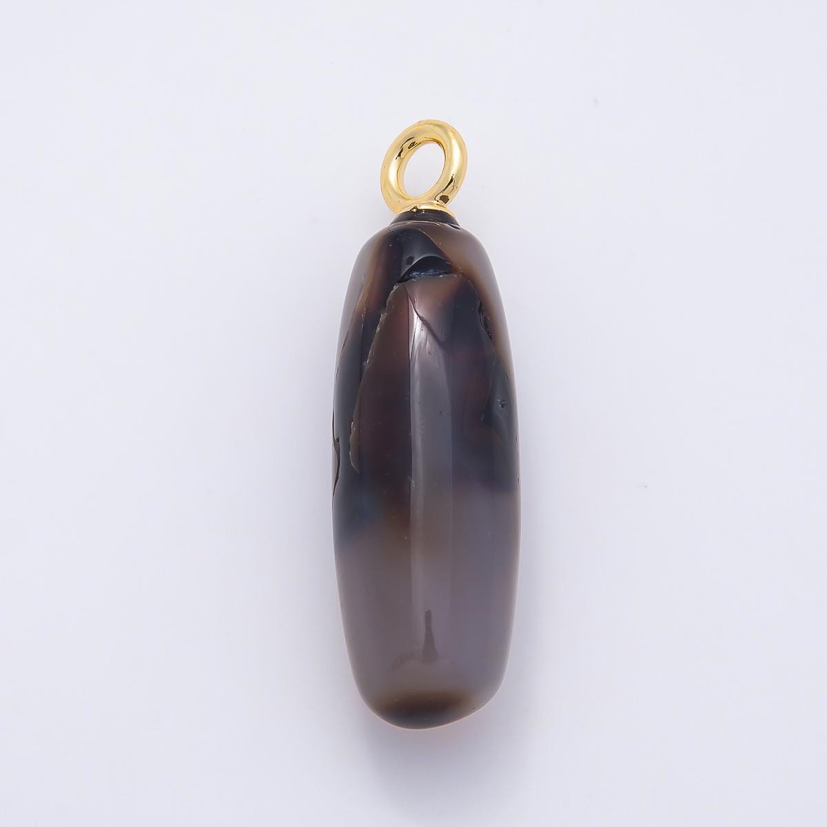 18K Gold Filled 48mm Dark Grey Agate Gemstone Ovoid Oval Tube Charm Boho Gem Drop Supply for Necklace Jewelry Making | Charms-01074