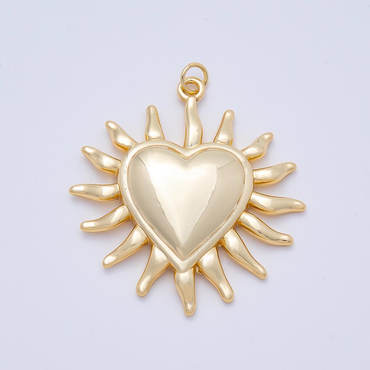 16K Gold Filled 40mm Heart Sun Ray Minimalist Pendant Sacred Heart Charm Chunky Celestial Boho Theme for custom Necklace | Charms-01057