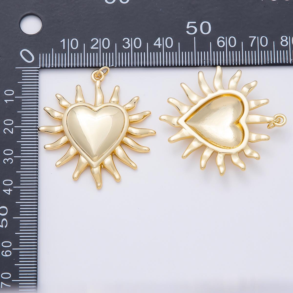 16K Gold Filled 40mm Heart Sun Ray Minimalist Pendant Sacred Heart Charm Chunky Celestial Boho Theme for custom Necklace | Charms-01057