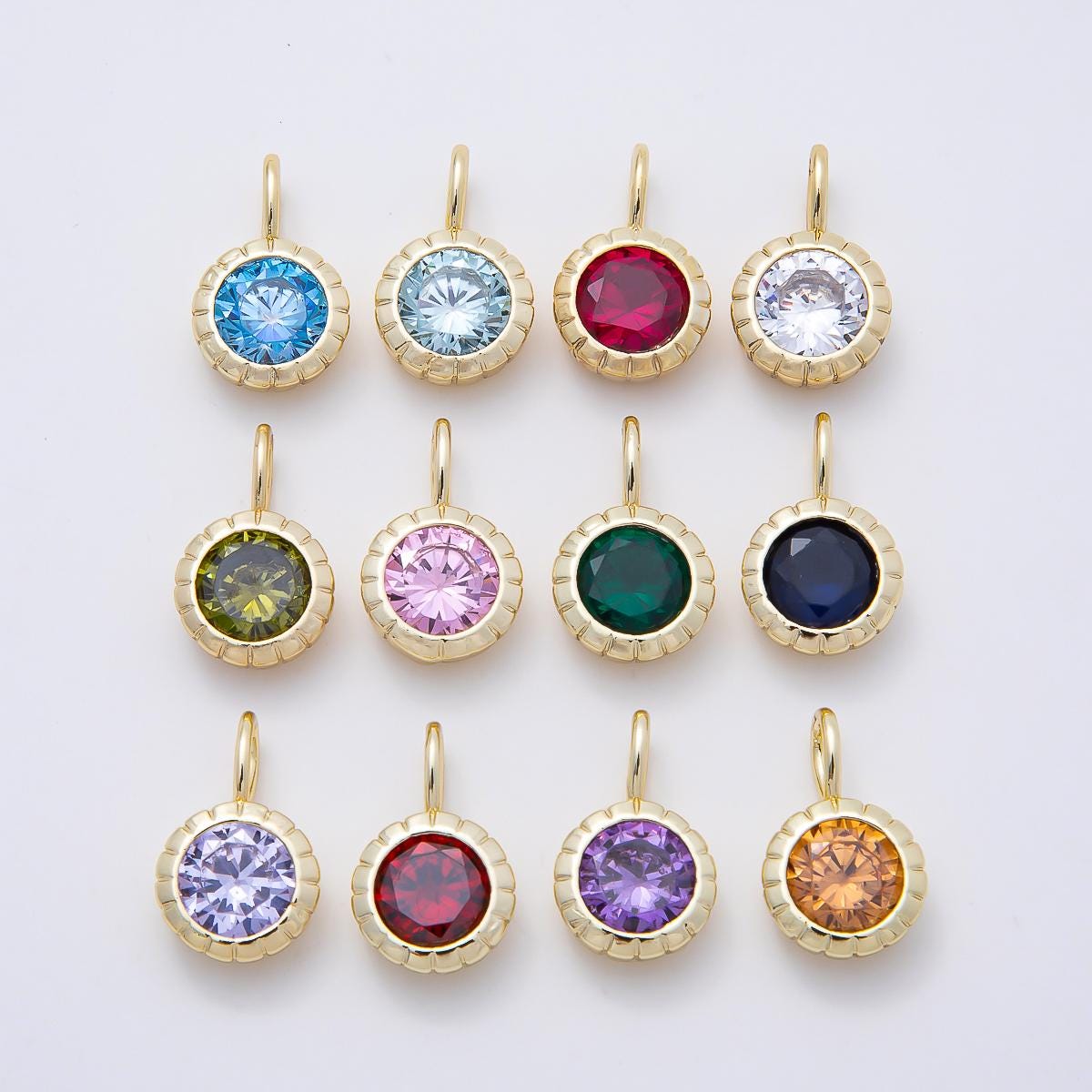 16K Gold Filled 17mm Birthstone Round CZ Ribbed Bezel Mini Pendant Colorful DIY Necklace Bracelet Birth Month Jewelry Making | Charms-01113