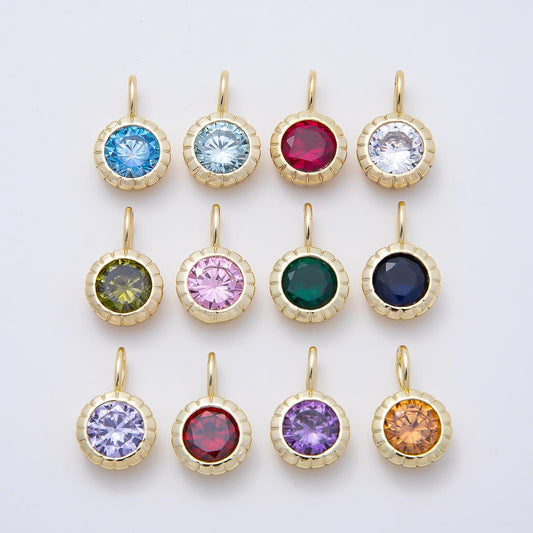 16K Gold Filled 17mm Birthstone Round CZ Ribbed Bezel Mini Pendant Colorful DIY Necklace Bracelet Birth Month Jewelry Making | Charms-01113