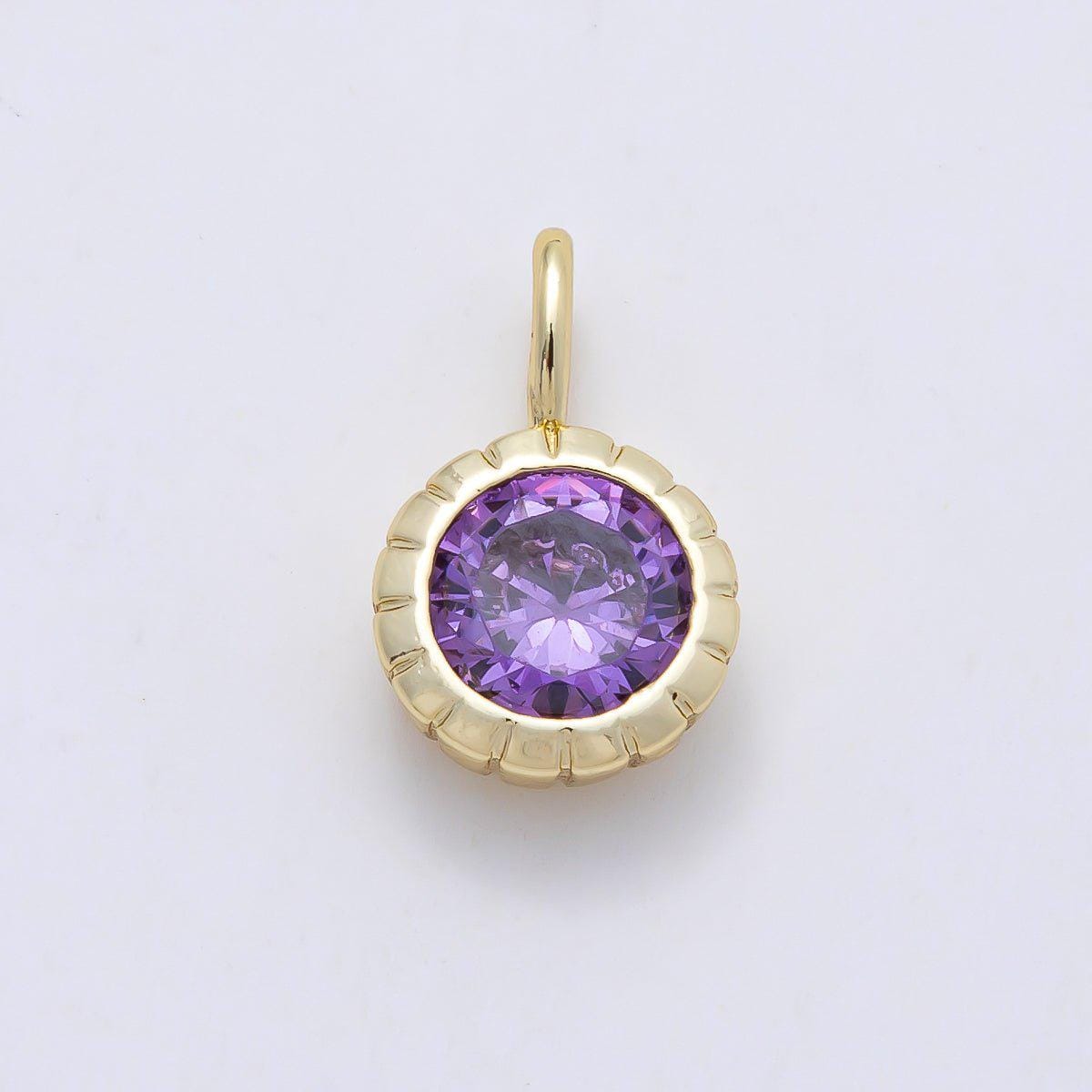 16K Gold Filled 17mm Birthstone Round CZ Ribbed Bezel Mini Pendant Colorful DIY Necklace Bracelet Birth Month Jewelry Making | Charms-01113