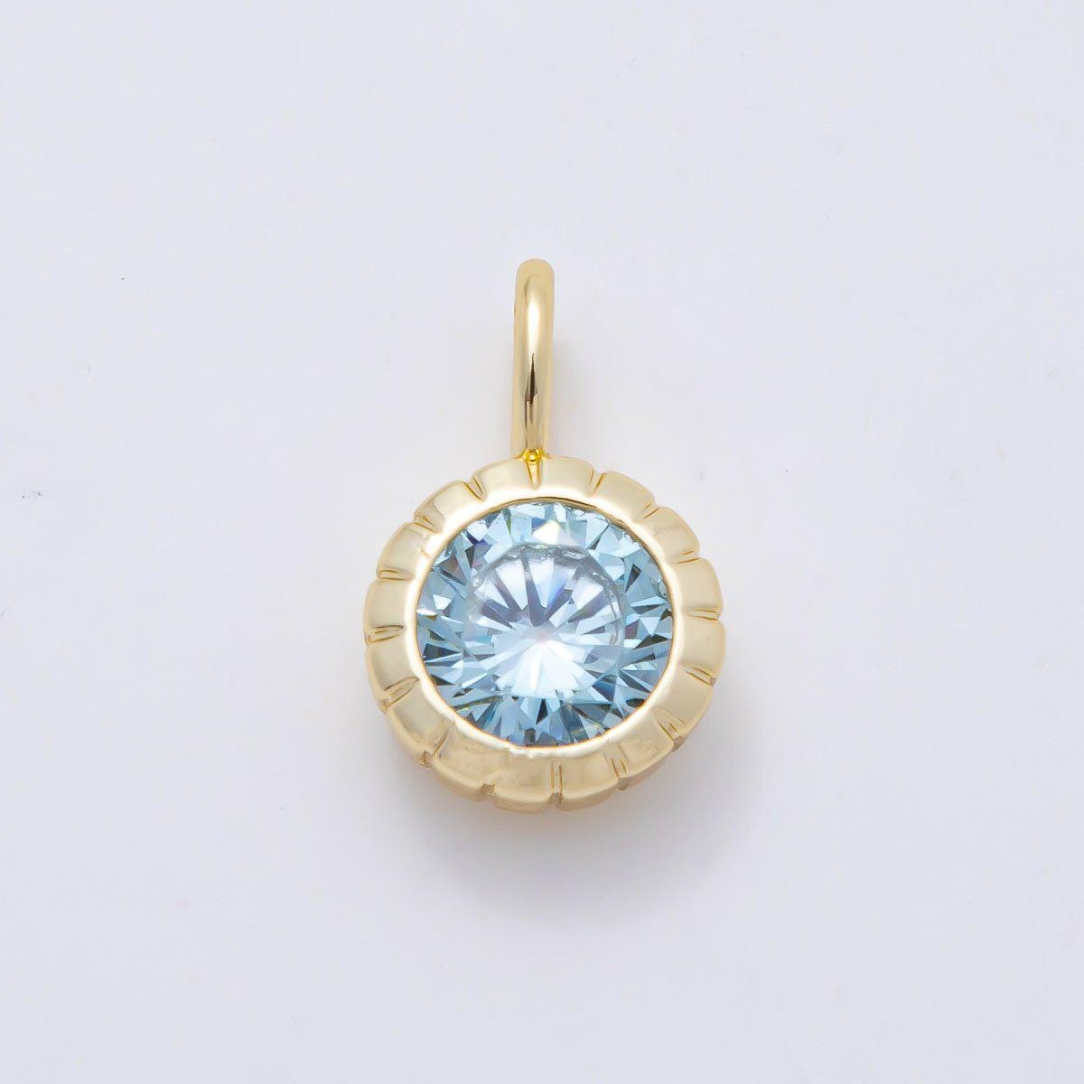 16K Gold Filled 17mm Birthstone Round CZ Ribbed Bezel Mini Pendant Colorful DIY Necklace Bracelet Birth Month Jewelry Making | Charms-01113