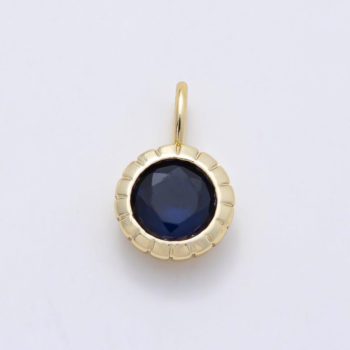 16K Gold Filled 17mm Birthstone Round CZ Ribbed Bezel Mini Pendant Colorful DIY Necklace Bracelet Birth Month Jewelry Making | Charms-01113