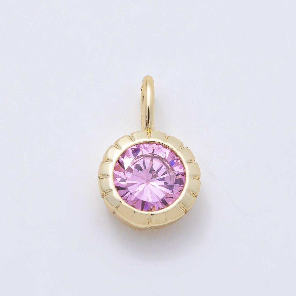 16K Gold Filled 17mm Birthstone Round CZ Ribbed Bezel Mini Pendant Colorful DIY Necklace Bracelet Birth Month Jewelry Making | Charms-01113