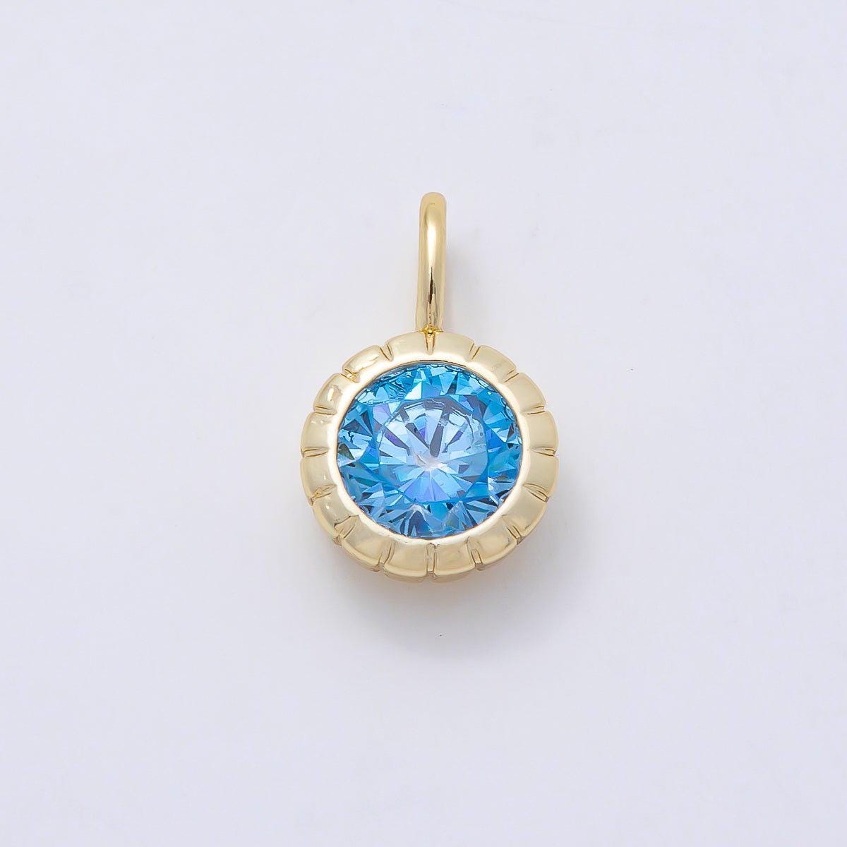 16K Gold Filled 17mm Birthstone Round CZ Ribbed Bezel Mini Pendant Colorful DIY Necklace Bracelet Birth Month Jewelry Making | Charms-01113