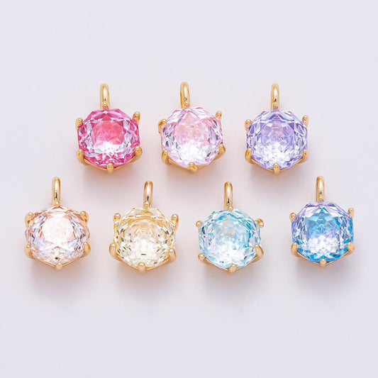 16K Gold Filled 13mm Blue, Pink, Purple, Clear, Yellow Round CZ Solitaire Charm Colorful Geometric Crystal DIY Necklace | Charms-01062
