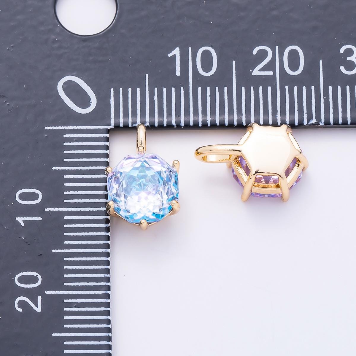 16K Gold Filled 13mm Blue, Pink, Purple, Clear, Yellow Round CZ Solitaire Charm Colorful Geometric Crystal DIY Necklace | Charms-01062