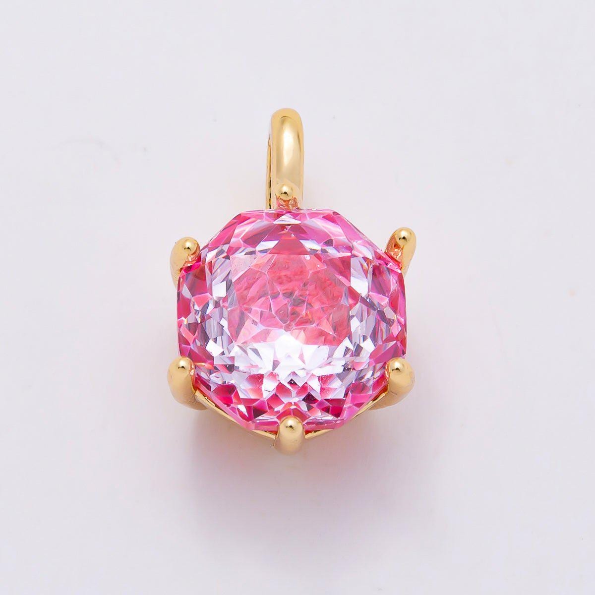 16K Gold Filled 13mm Blue, Pink, Purple, Clear, Yellow Round CZ Solitaire Charm Colorful Geometric Crystal DIY Necklace | Charms-01062