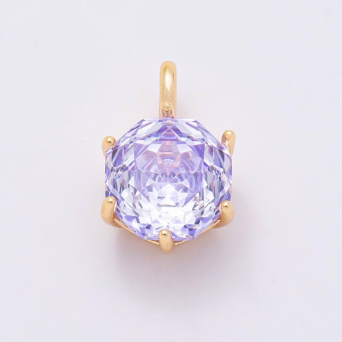 16K Gold Filled 13mm Blue, Pink, Purple, Clear, Yellow Round CZ Solitaire Charm Colorful Geometric Crystal DIY Necklace | Charms-01062