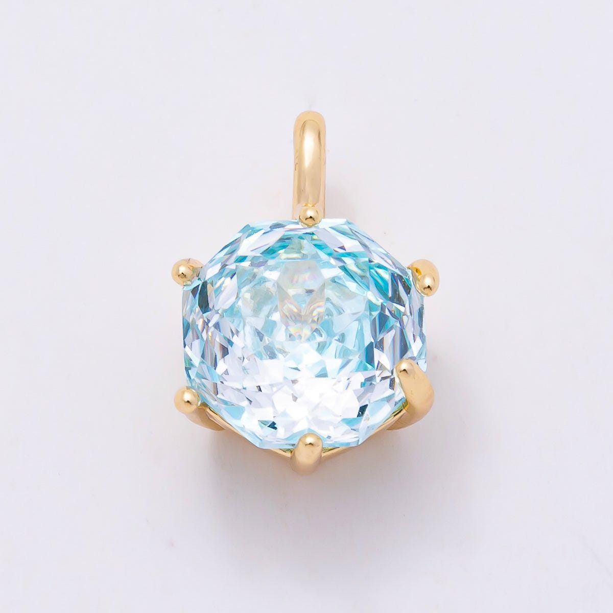 16K Gold Filled 13mm Blue, Pink, Purple, Clear, Yellow Round CZ Solitaire Charm Colorful Geometric Crystal DIY Necklace | Charms-01062