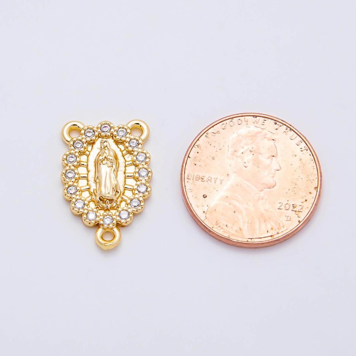 16K Gold Filled 18.5mm Mother Mary Micro Paved CZ Oval Triple Connector in Gold & Silver Rosary Centerpiece DIY Bracelet | Connectors-00028