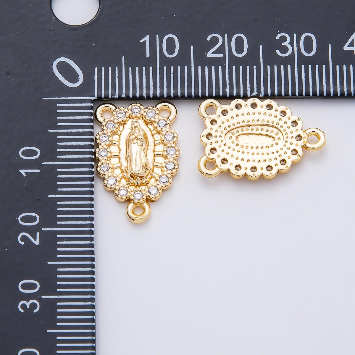 16K Gold Filled 18.5mm Mother Mary Micro Paved CZ Oval Triple Connector in Gold & Silver Rosary Centerpiece DIY Bracelet | Connectors-00028