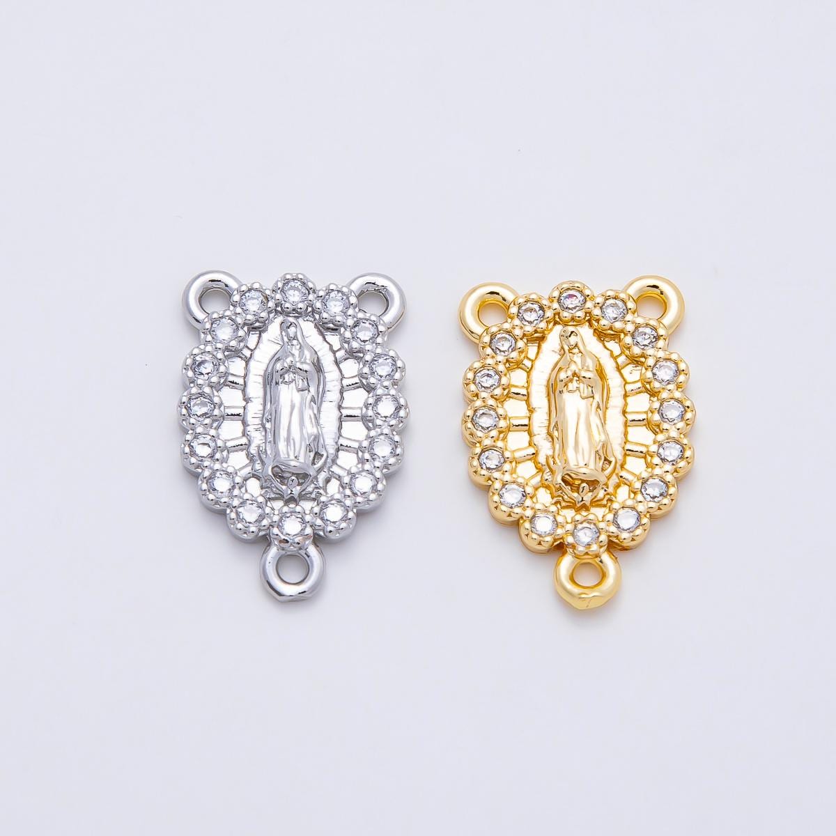 16K Gold Filled 18.5mm Mother Mary Micro Paved CZ Oval Triple Connector in Gold & Silver Rosary Centerpiece DIY Bracelet | Connectors-00028