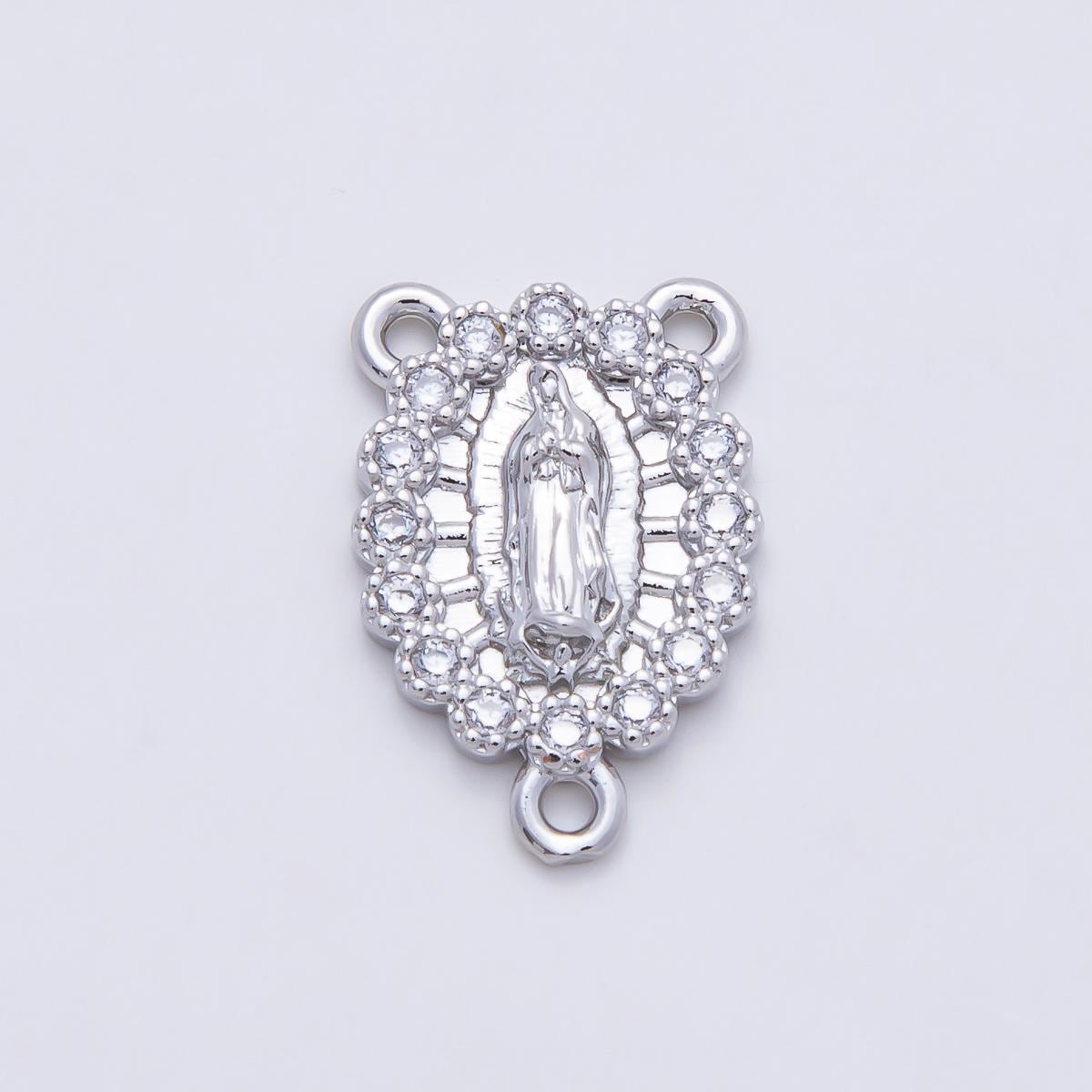 16K Gold Filled 18.5mm Mother Mary Micro Paved CZ Oval Triple Connector in Gold & Silver Rosary Centerpiece DIY Bracelet | Connectors-00028