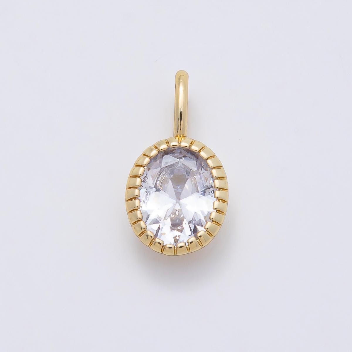 16K Gold Filled 17mm Clear Oval CZ Ribbed Bezel Mini Pendant Ridged Crystal Charm for DIY Necklace Jewelry Making Supply | Charms-01102
