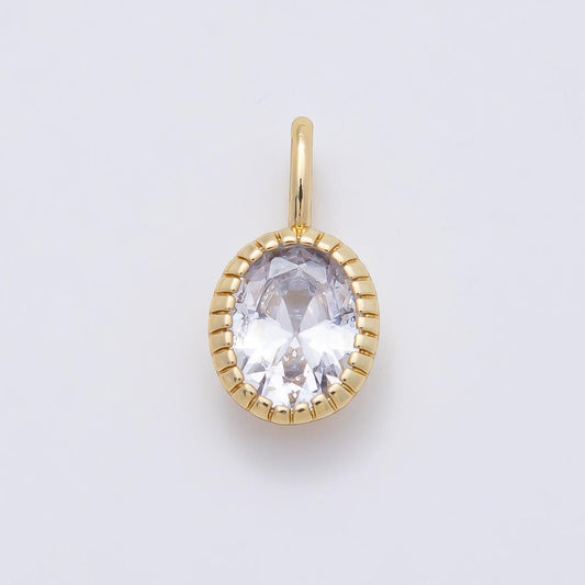 16K Gold Filled 17mm Clear Oval CZ Ribbed Bezel Mini Pendant Ridged Crystal Charm for DIY Necklace Jewelry Making Supply | Charms-01102