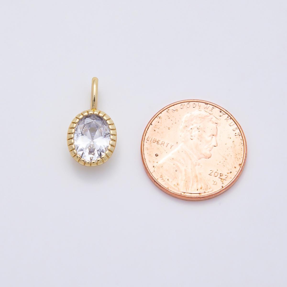 16K Gold Filled 17mm Clear Oval CZ Ribbed Bezel Mini Pendant Ridged Crystal Charm for DIY Necklace Jewelry Making Supply | Charms-01102