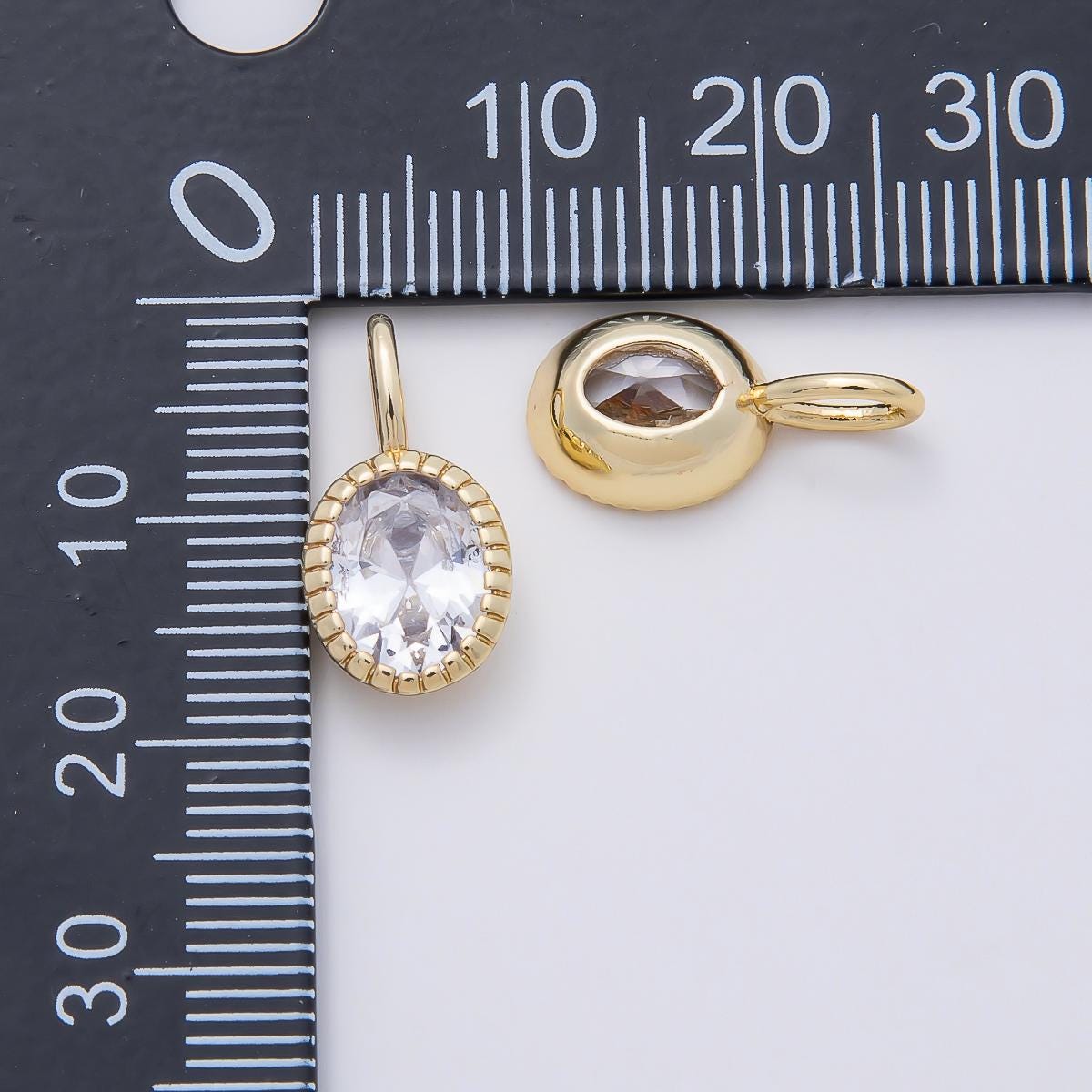 16K Gold Filled 17mm Clear Oval CZ Ribbed Bezel Mini Pendant Ridged Crystal Charm for DIY Necklace Jewelry Making Supply | Charms-01102