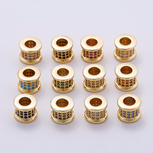 16K Gold Filled 7.5mm Birthstone Micro Paved CZ Wide Spacer Beads Colorful Tube Bead DIY Bracelet Jewelry Making Supply | Beads-00351