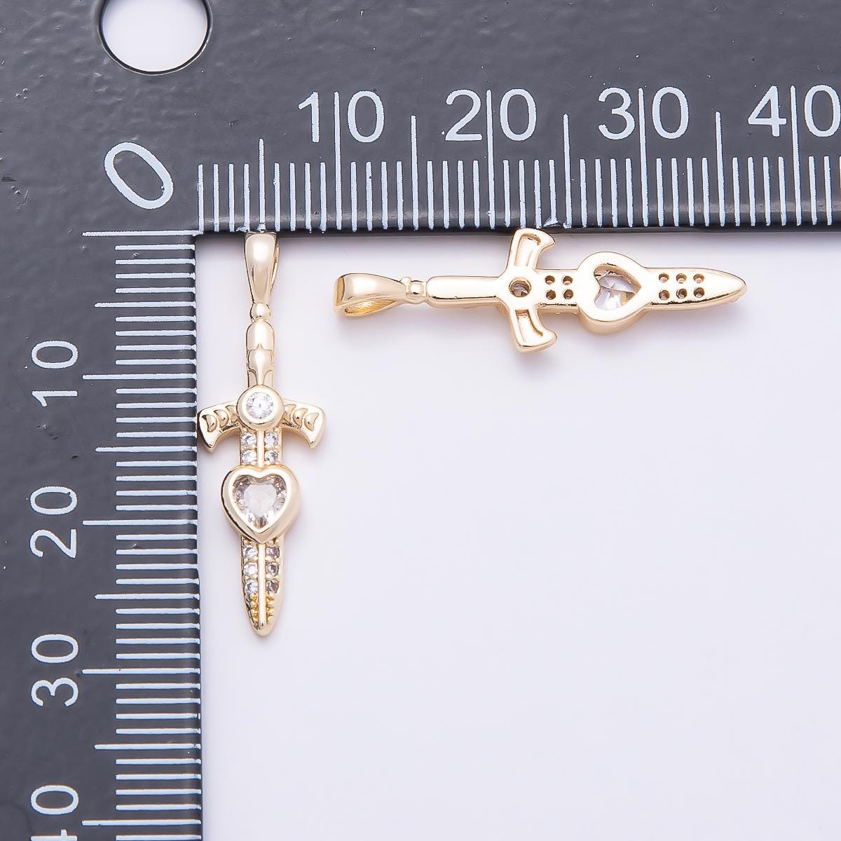 16K Gold Filled 27mm Clear Heart CZ Religious Cross Sword Pendant Dainty Dagger Charm DIY Jewelry Making Supply for Necklace | Charms-01042