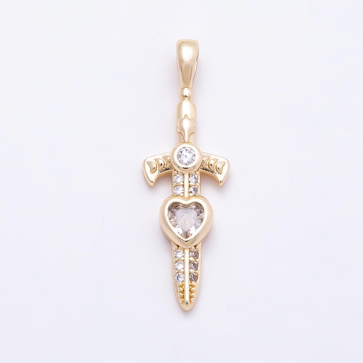16K Gold Filled 27mm Clear Heart CZ Religious Cross Sword Pendant Dainty Dagger Charm DIY Jewelry Making Supply for Necklace | Charms-01042