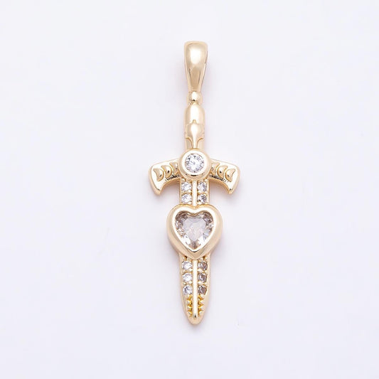 16K Gold Filled 27mm Clear Heart CZ Religious Cross Sword Pendant Dainty Dagger Charm DIY Jewelry Making Supply for Necklace | Charms-01042