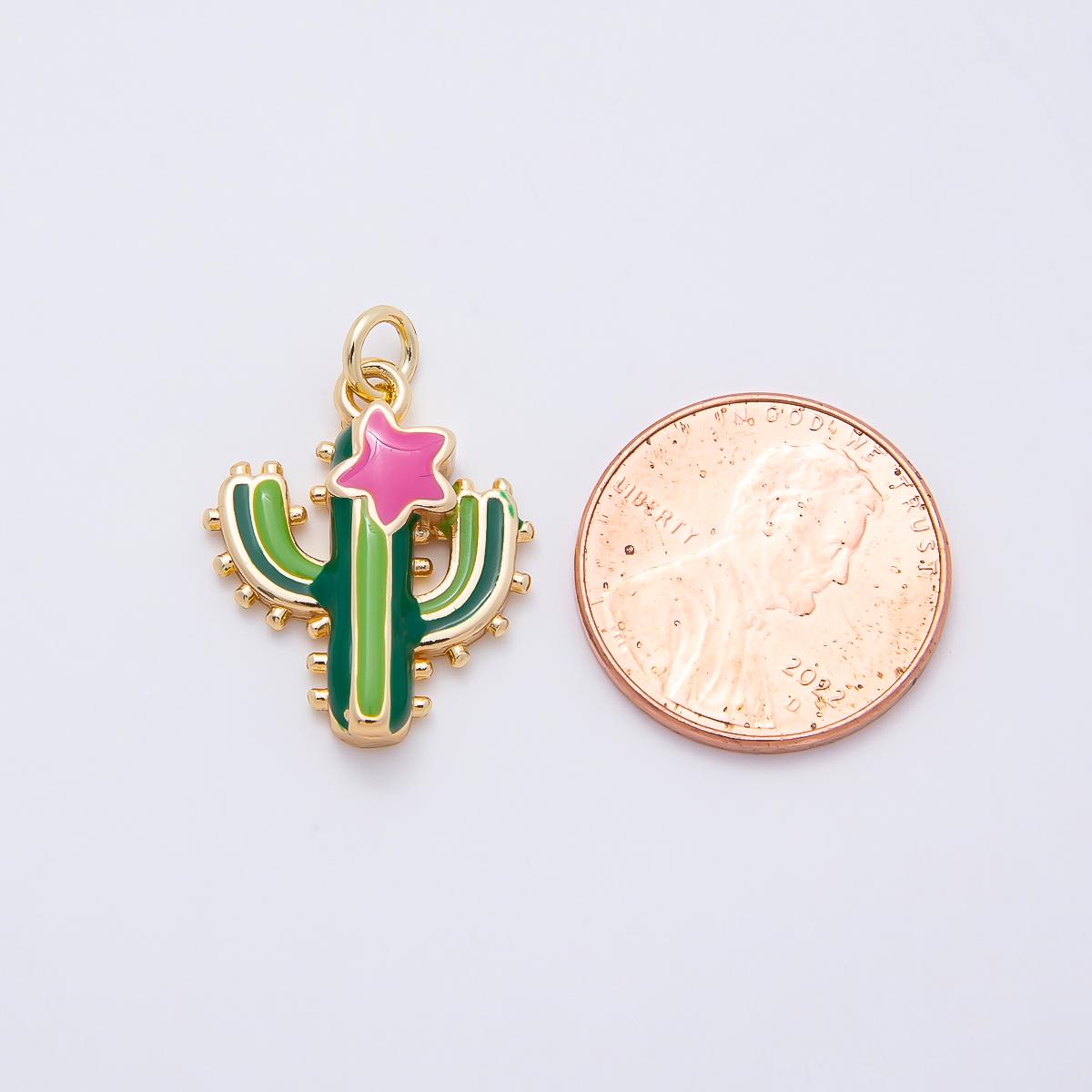 16K Gold Filled 20mm Pink Star Green Cactus Plant Charm Desert Succulent Pendant DIY Jewelry Making Supply for Necklace | Charms-01055