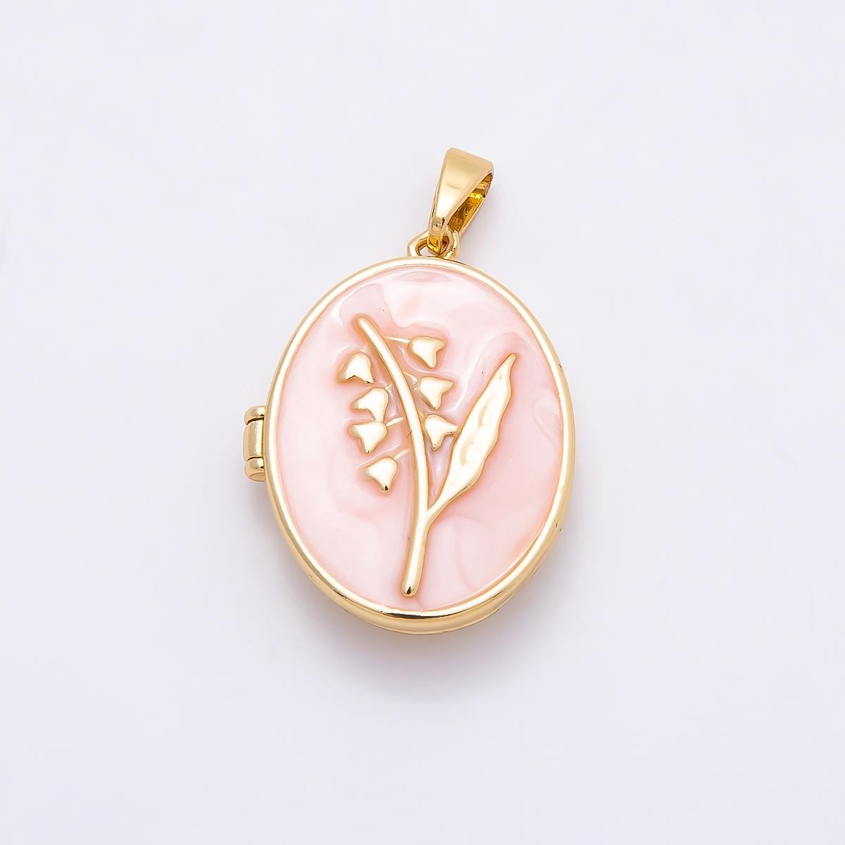 16K Gold Filled 24mm Pink, White Glitter Enamel Flower Oval Locket Pendant Floral Photo Charm Birth flower DIY Jewelry Supply | Charms-01031