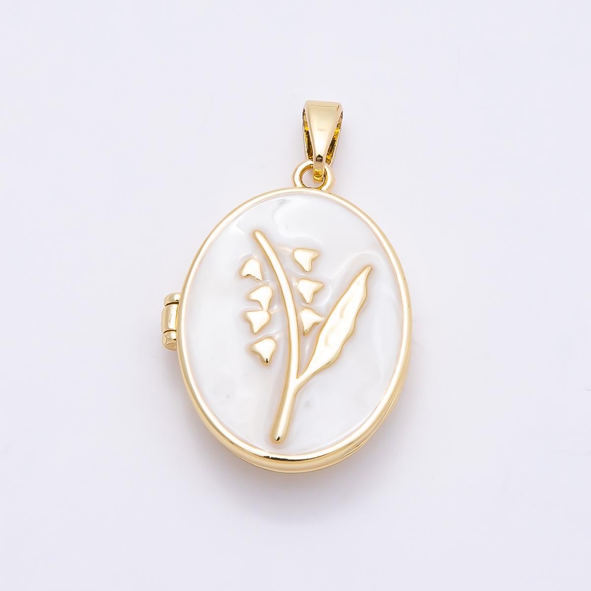 16K Gold Filled 24mm Pink, White Glitter Enamel Flower Oval Locket Pendant Floral Photo Charm Birth flower DIY Jewelry Supply | Charms-01031