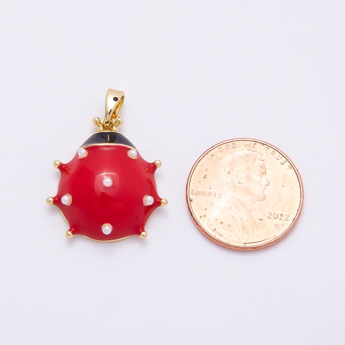16K Gold Filled 21mm Red Enamel Shell Pearl Dotted Lady Bug Insect Animal Pendant Lucky Charm DIY Jewelry Making Supply | Charms-01038