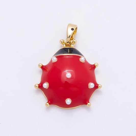 16K Gold Filled 21mm Red Enamel Shell Pearl Dotted Lady Bug Insect Animal Pendant Lucky Charm DIY Jewelry Making Supply | Charms-01038