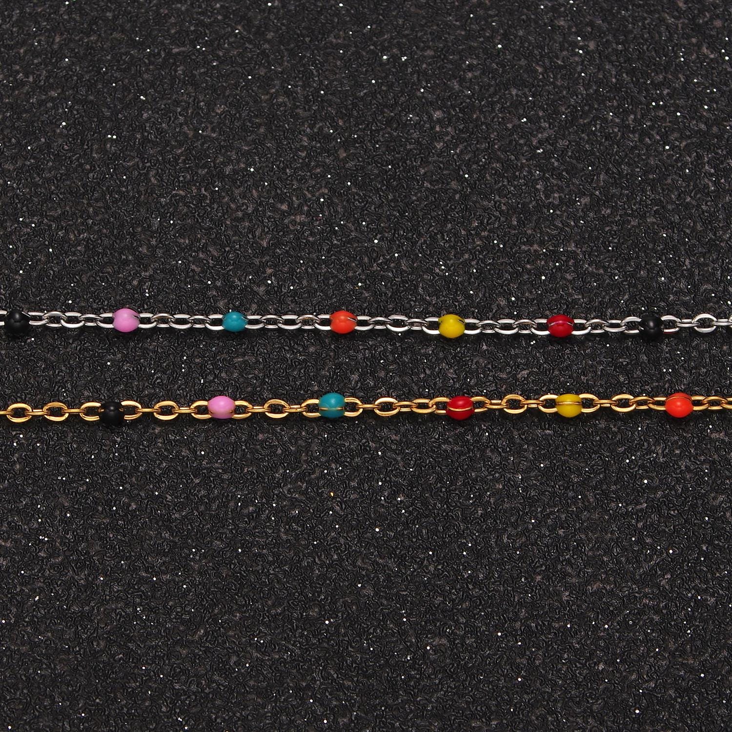 Stainless Steel 1.8mm Satellite Enamel Bead Cable Unfinished Chain For Jewelry Making in Gold & Silver | ROLL-1427 ROLL-1428