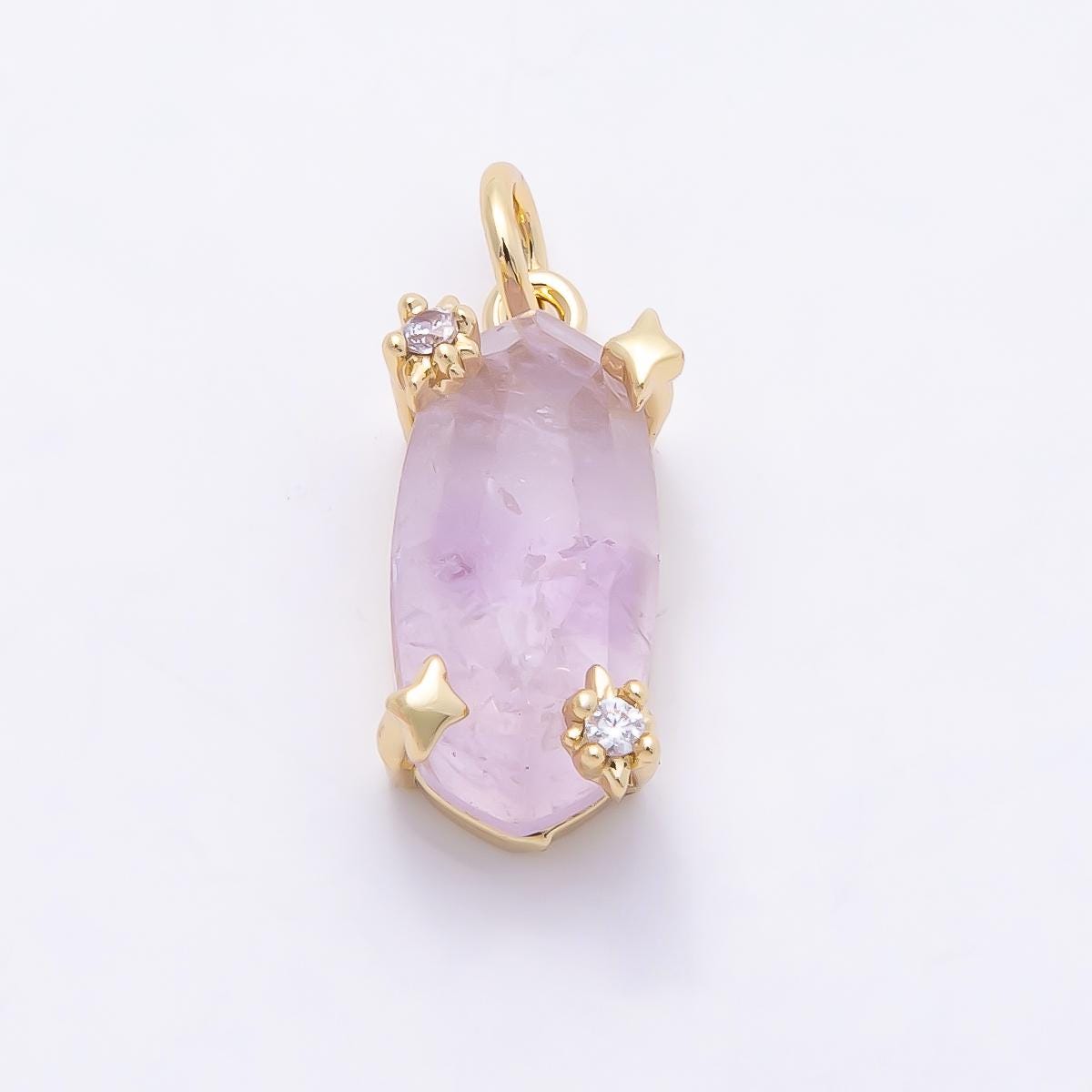 16K Gold Filled 17mm Rose Quartz, Amethyst, Citrine Multifaceted Oval Gemstone CZ Pendant Celestial Starburst Jewelry Supply | Charms-01009