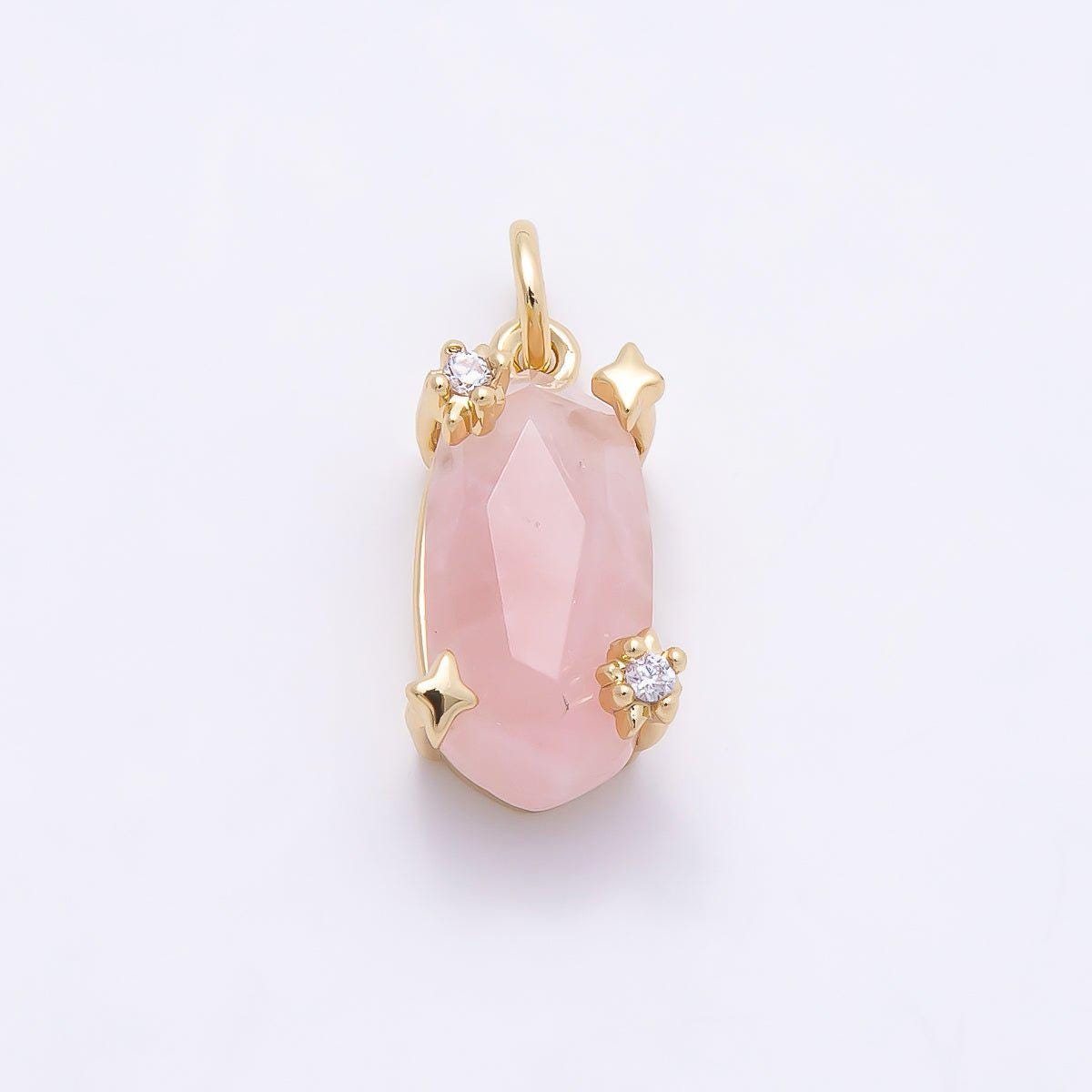 16K Gold Filled 17mm Rose Quartz, Amethyst, Citrine Multifaceted Oval Gemstone CZ Pendant Celestial Starburst Jewelry Supply | Charms-01009