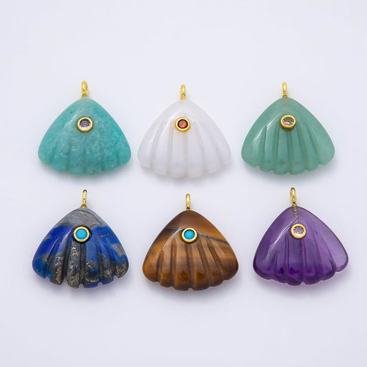 16K Gold Filled 27mm Multicolor CZ Embedded Gemstone Scallop Sea Shell Pendant Beach Jewelry Supply Necklace | Charms-01047