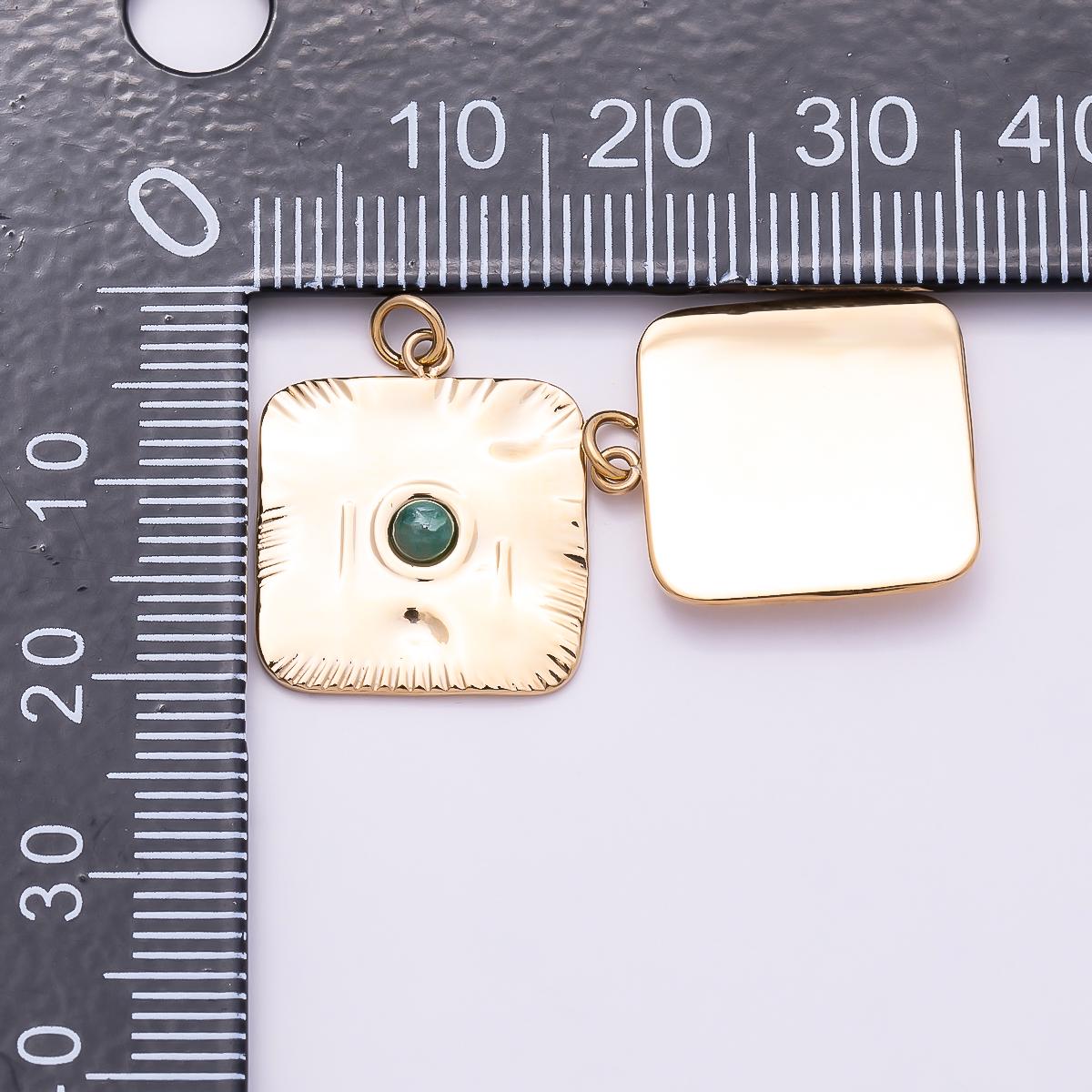PVD Gold Stainless Steel 18mm Green Aventurine Natural Gemstone Textured Square Medallion Charm Boho Statement Necklace | Charms-01022