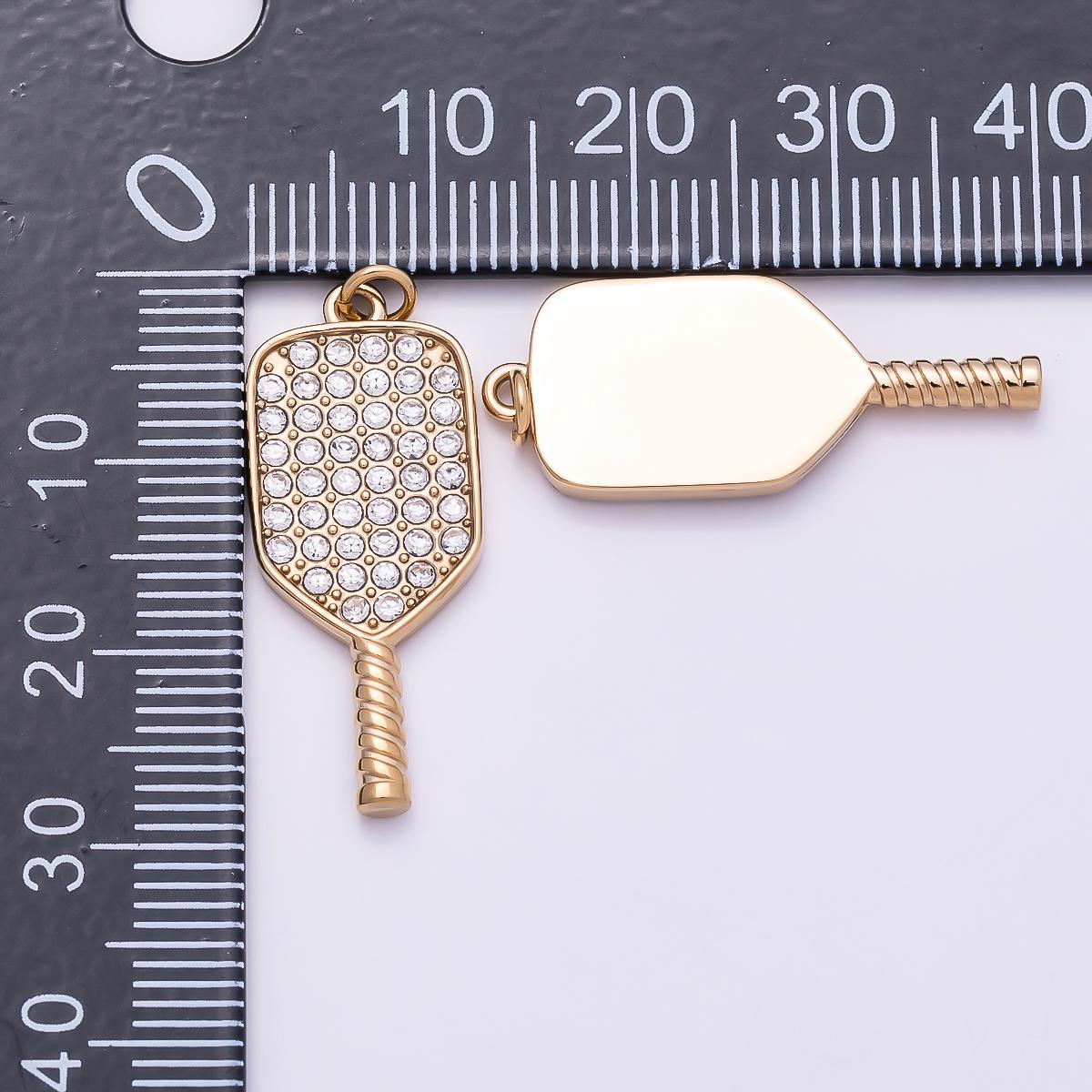 PVD Gold Stainless Steel 28mm Micro Paved CZ Racket Pickleball Paddle Sport Charm Crystal Tennis Jewelry DIY Supply | Charms-01024