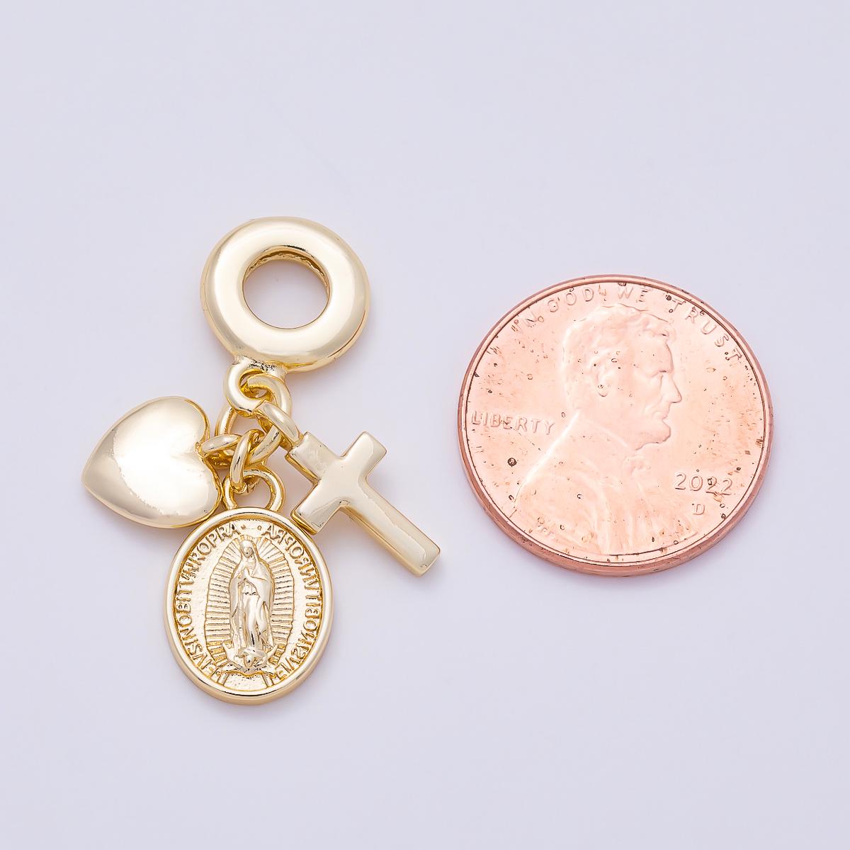 16K Gold Filled 32mm Religious Heart Cross Mother Mary Sunburst Latin Prayer Drop Rondelle Pendant Catholic Charm Bracelet | Charms-01154