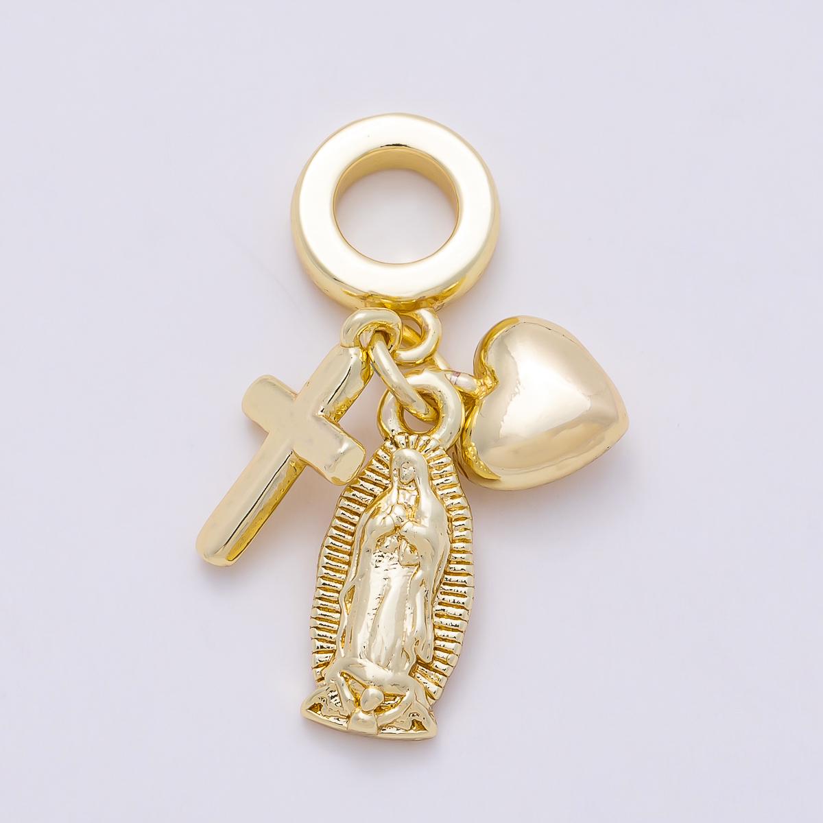 16K Gold Filled 27mm Religious Chubby Heart Cross Mother Mary Sunburst Drop Rondelle Pendant Catholic Medallion Jewelry Supply| Charms-01155