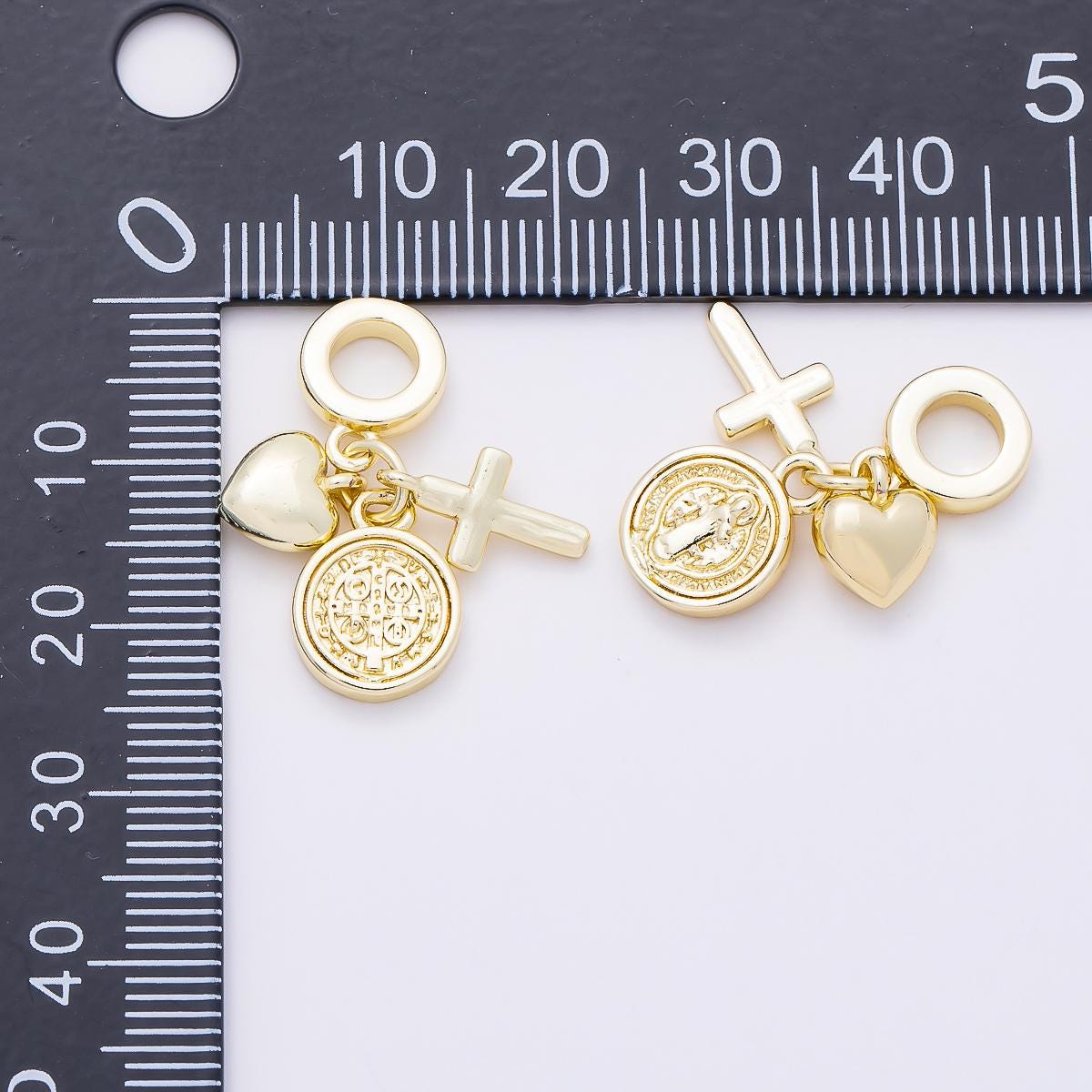 16K Gold Filled 27mm Religious Chubby Heart Cross Saint Benedict SMQLIVB PAX VRSNSMV Round Drop Rondelle Pendant | Charms-01156