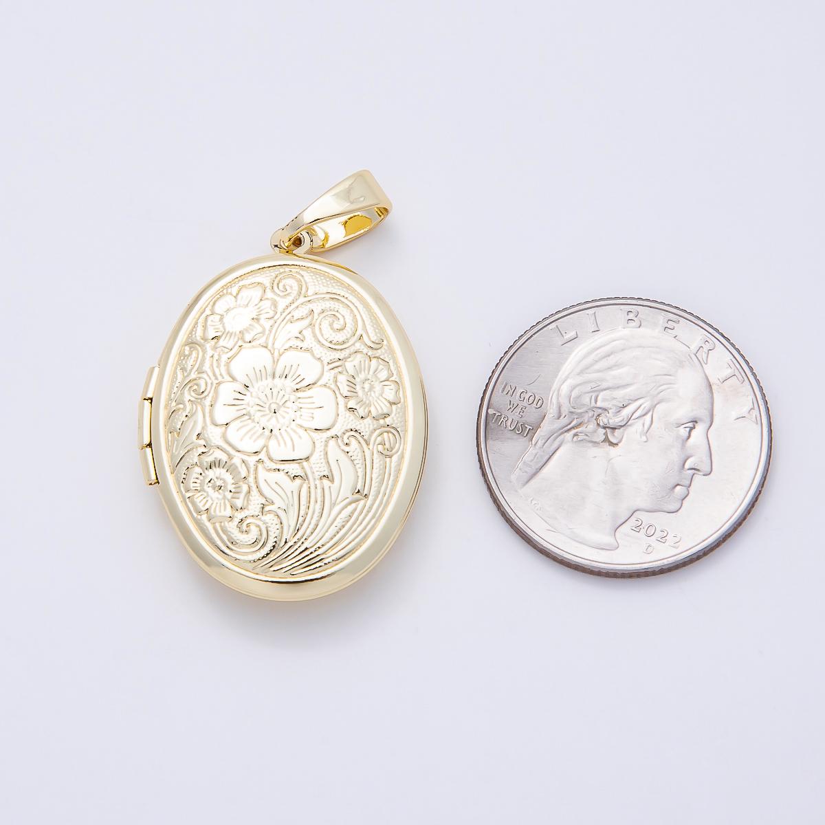 16K Gold Filled 33mm Flower Engraved Oval Locket Pendant Romantic Keepsake Jewelry Making Finding Supply Bulk DIY Necklace | Charms-01098