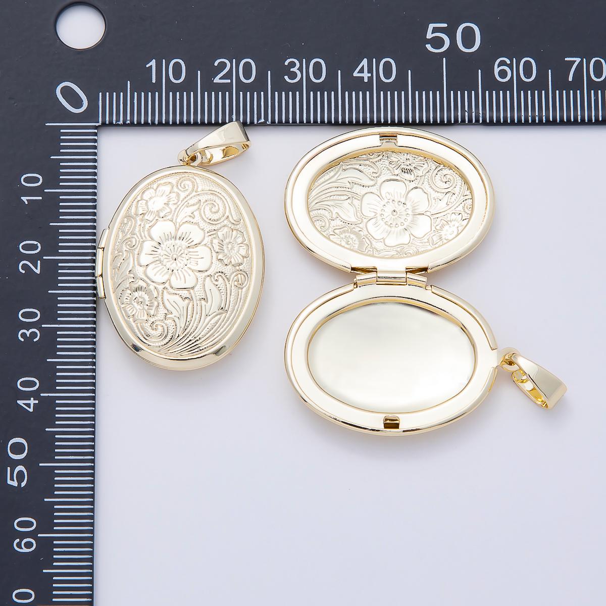 16K Gold Filled 33mm Flower Engraved Oval Locket Pendant Romantic Keepsake Jewelry Making Finding Supply Bulk DIY Necklace | Charms-01098