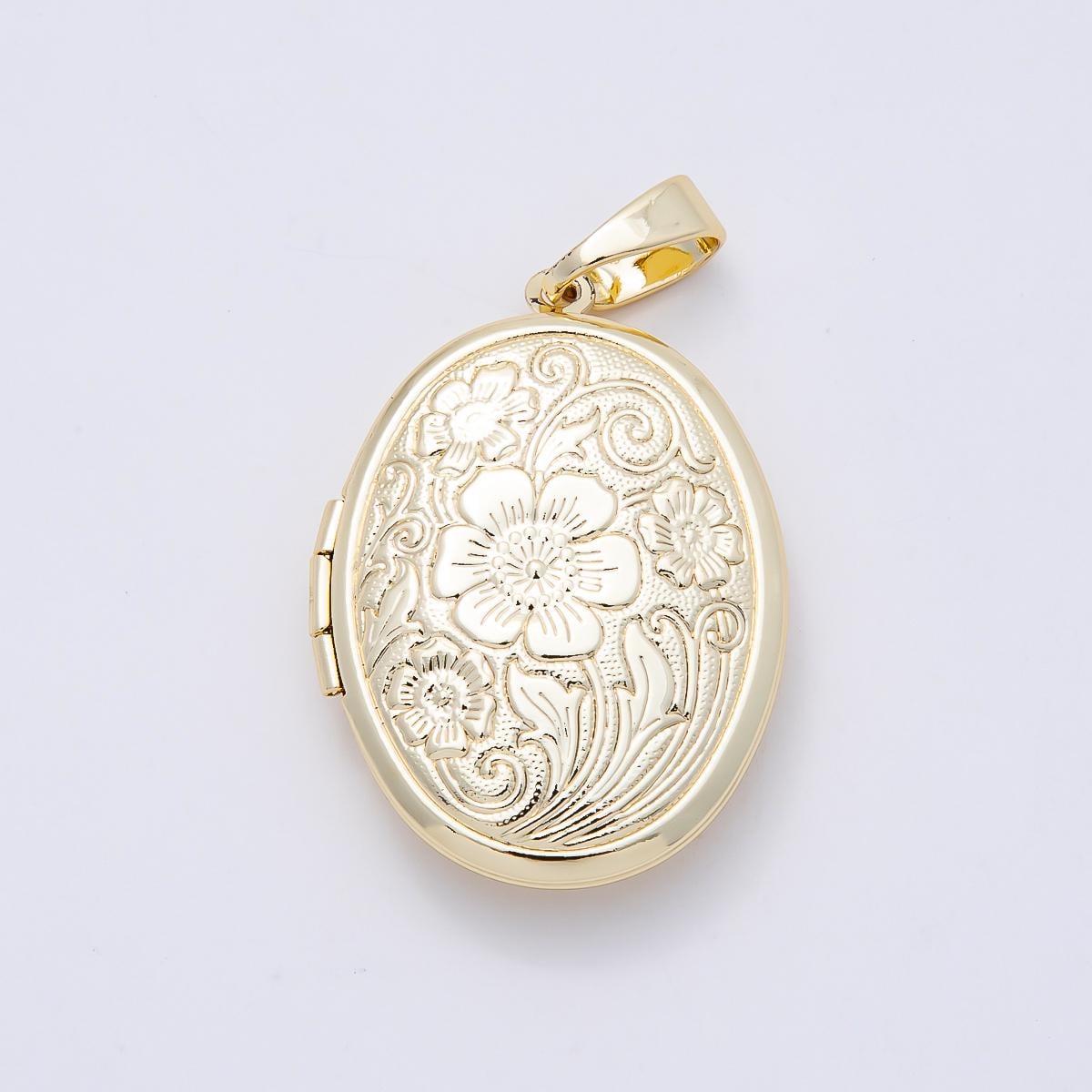 16K Gold Filled 33mm Flower Engraved Oval Locket Pendant Romantic Keepsake Jewelry Making Finding Supply Bulk DIY Necklace | Charms-01098