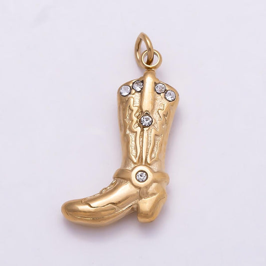 PVD Gold Stainless Steel 19mm Clear CZ Vintage 3D Cowboy Boots Western Charm Cowgirl DIY Jewelry Making Supply for Necklace | Charms-01028