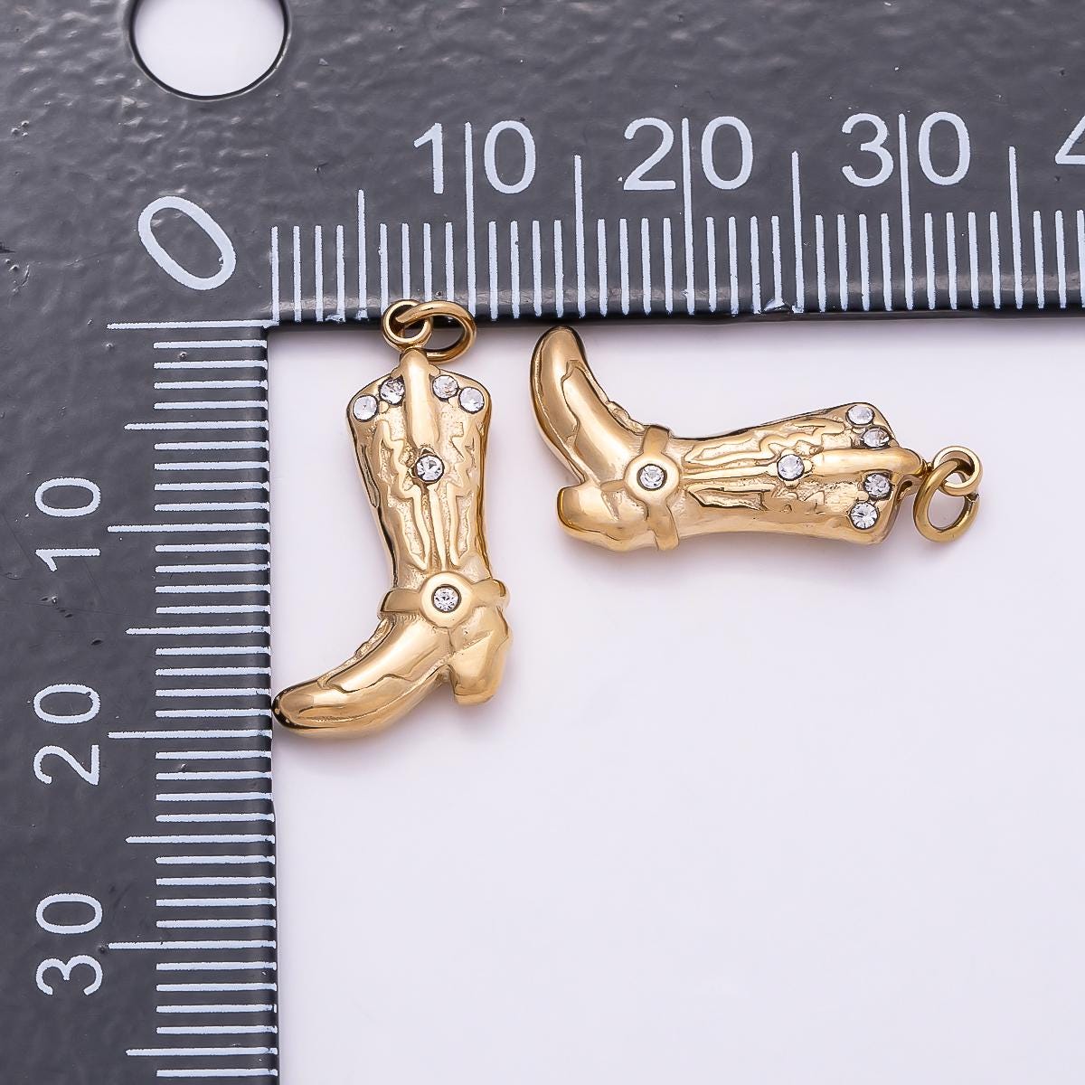 PVD Gold Stainless Steel 19mm Clear CZ Vintage 3D Cowboy Boots Western Charm Cowgirl DIY Jewelry Making Supply for Necklace | Charms-01028
